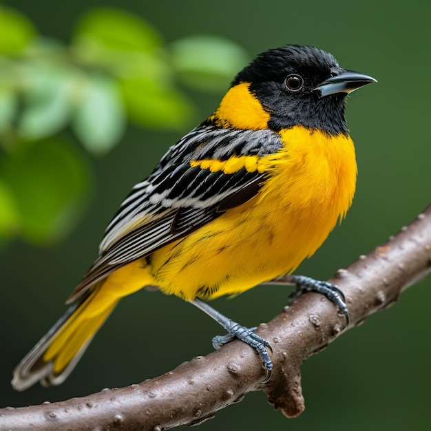 Foto ilustración de un pájaro amarillo y negro posado en una rama por charl