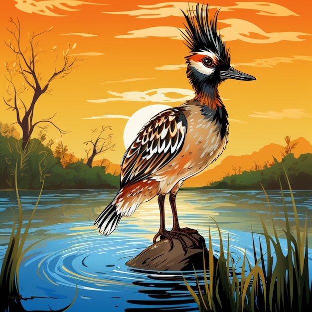 Ilustración de un pájaro bango en un fondo de río
