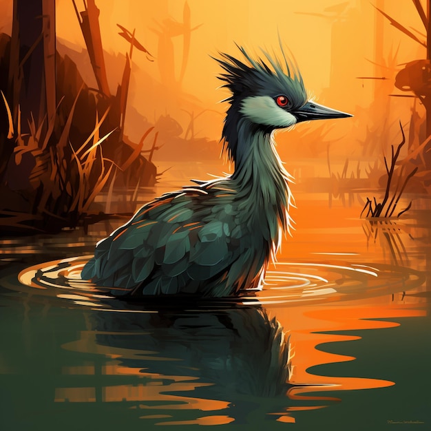 Ilustración de un pájaro bango en un fondo de río