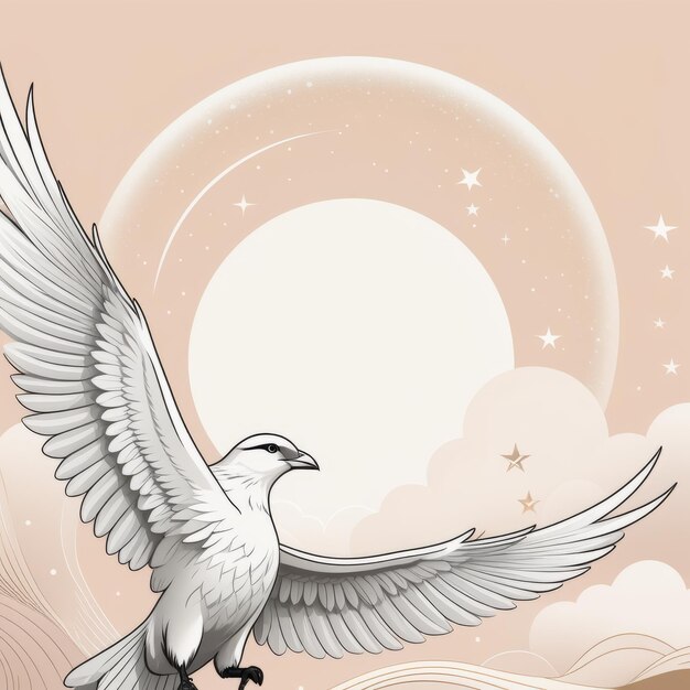 ilustración de un pájaro blanco sobre un fondo de una luna dorada volando ilustración de un pájaro de una w