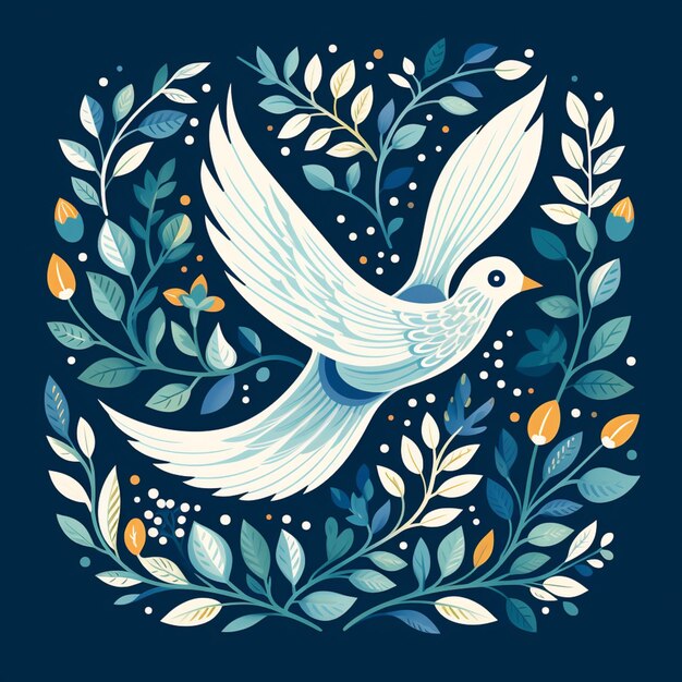 Ilustración de un pájaro blanco volando a través de un marco floral azul