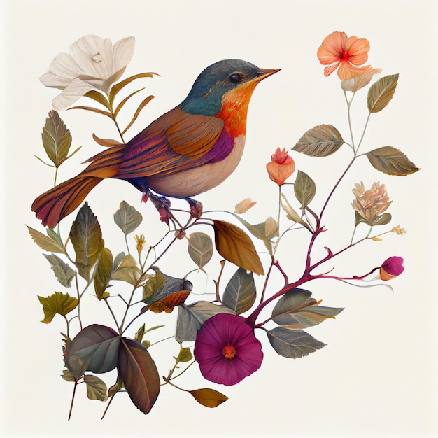 Ilustración de un pájaro con flores. hermoso pájaro de color en la flora. Hojas, ramitas y flores.