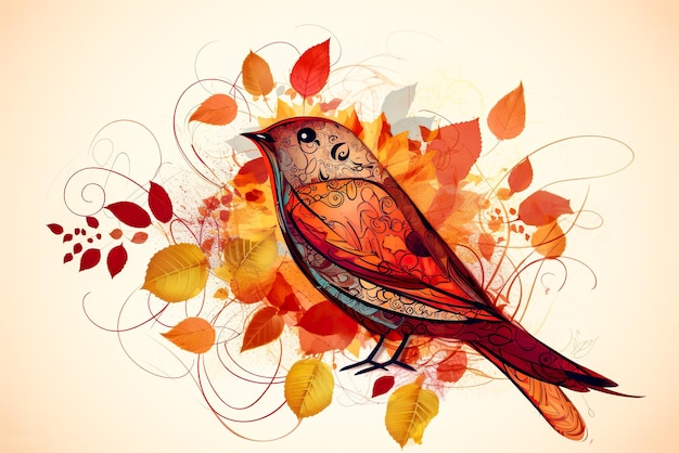 Ilustración de un pájaro en el fondo de hojas y flores de otoño IA generativa