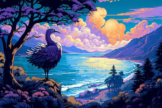 Ilustración de un pájaro posado en un árbol con una hermosa vista del mar con árboles, nubes y montañas IA generativa