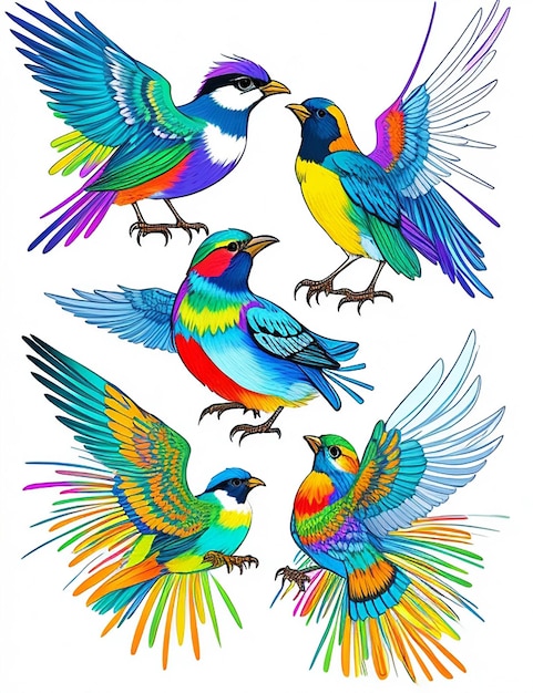 Ilustración de pájaros coloridos con fondo de flores