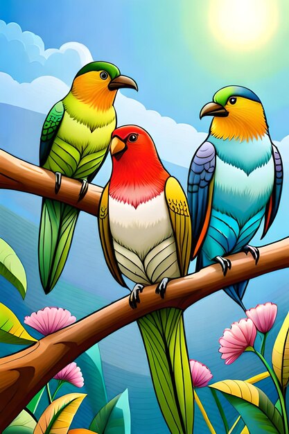 Ilustración de pájaros coloridos con fondo de flores