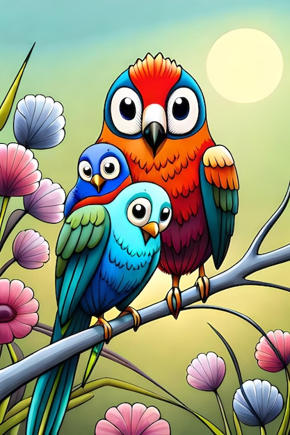 Ilustración de pájaros coloridos con fondo de flores