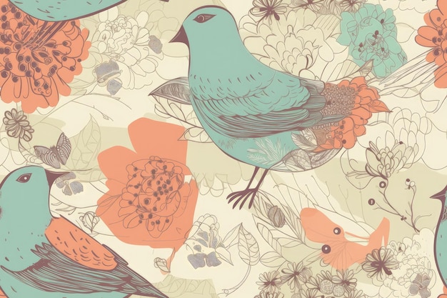 Ilustración de pájaros posados en un colorido lecho de flores creado con tecnología de IA generativa