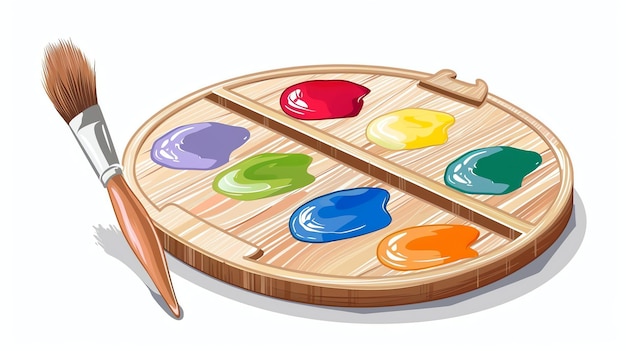 Una ilustración de una paleta de artistas de madera con seis gotas de pintura en varios colores y un pincel