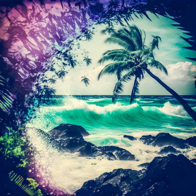 Foto ilustración de palmeras y olas del océano de hawaii