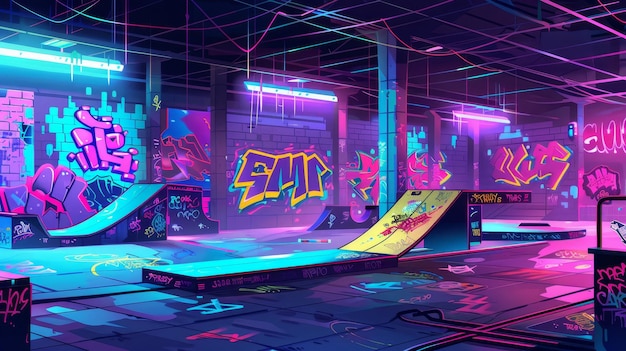 Foto ilustración de pancartas de skatepark con botón de suscripción ilustración animada de skate park con rampas graffiti en la pared y aerosoles para dibujar por la noche patio de juegos para deportes extremos