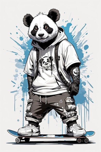 Foto ilustración de un panda jugando al skateboard