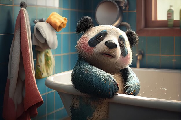 Ilustración de panda lindo en el baño tomando un baño higiene y cuidado de la salud ai