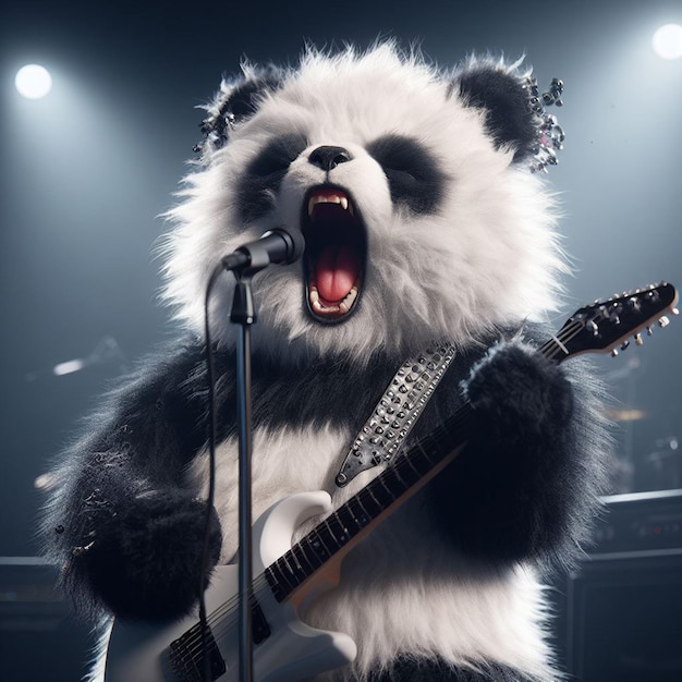 Ilustración de un panda tocando la guitarra cantando rock generada por la IA