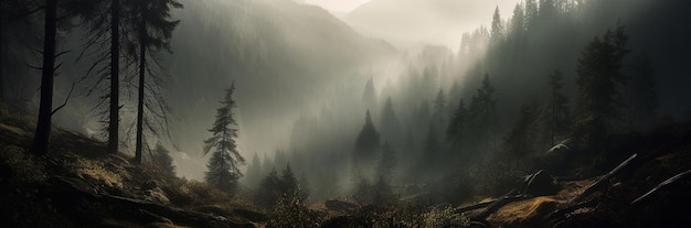 Ilustración con un panorama de un bosque nublado en la niebla