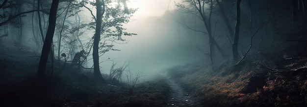 Ilustración con un panorama de un bosque nublado en la niebla
