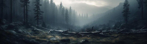 Ilustración con un panorama de un bosque nublado en la niebla