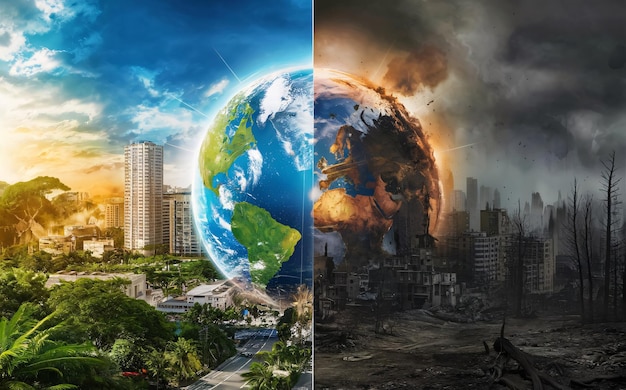 Ilustración en pantalla dividida del calentamiento global y el concepto de cambio climático de la Tierra