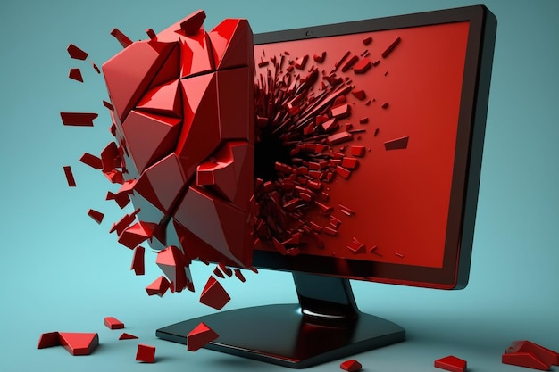 Foto ilustración de pantalla de monitor rojo de virus informático ia generativa