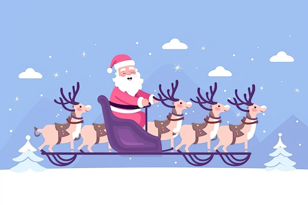 Ilustración de Papá Noel montando un carro de ciervos bajo la luz de la nieve con espacio para copiar