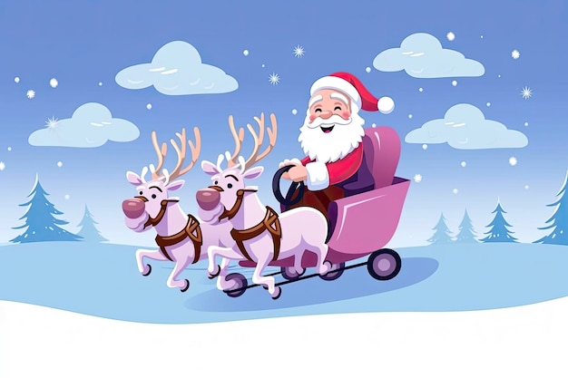 Ilustración de Papá Noel montando un carro de ciervos bajo la luz de la nieve con espacio para copiar