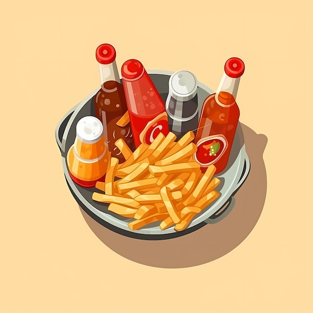 Ilustración de papas fritas con ketchup calorías muy detalladas alimentos diseño minimalista fondo adpastel