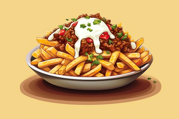 Ilustración de papas fritas con queso y chile Ilustración de comidaIA generativa