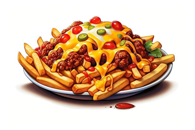Ilustración de papas fritas con queso y chile Ilustración de comidaIA generativa