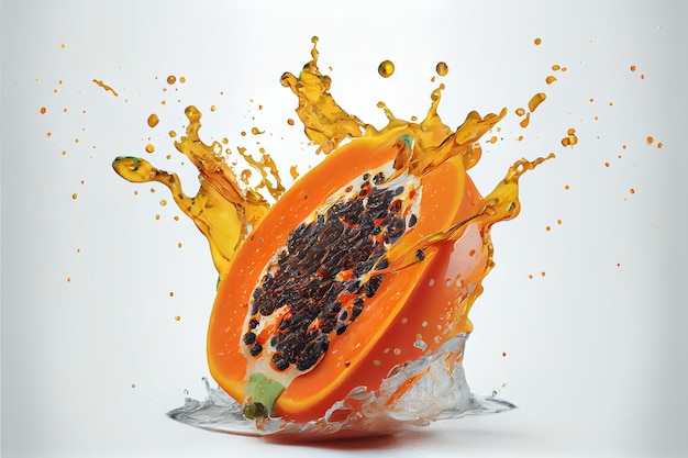 Ilustración de papaya fresca con salpicaduras de agua sobre fondo blanco.