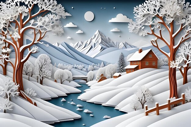 Ilustración en papel de un paisaje al aire libre de invierno