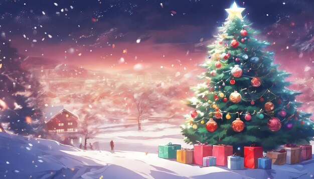 Foto ilustración de papel tapiz acogedor para el paisaje navideño con árbol de navidad con caja de regalos