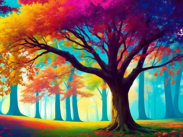 Ilustración de papel tapiz de arte abstracto con un gran árbol de fondo bosque colorido ai generado