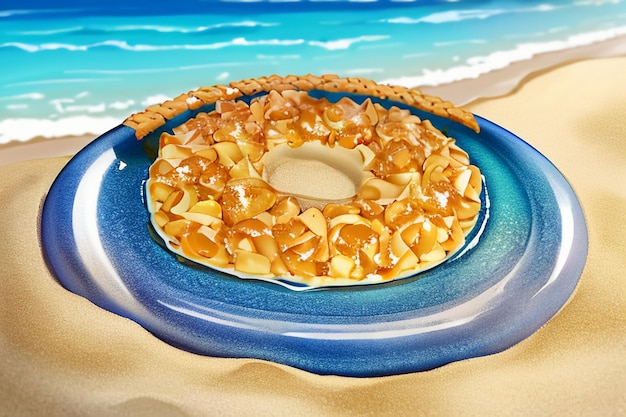 Ilustración de papel tapiz de decoración de plato de fruta de fondo de paisaje natural de playa amarilla de mar azul
