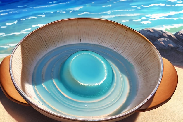 Ilustración de papel tapiz de decoración de plato de fruta de fondo de paisaje natural de playa amarilla de mar azul
