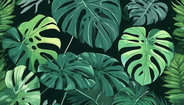 Ilustración de papel tapiz de diseño clásico de hojas de monstera y follaje de fondo floral