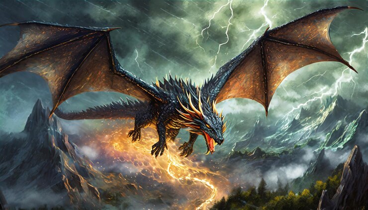 Ilustración de papel tapiz de un enorme dragón negro volando a través de un cielo tormentoso