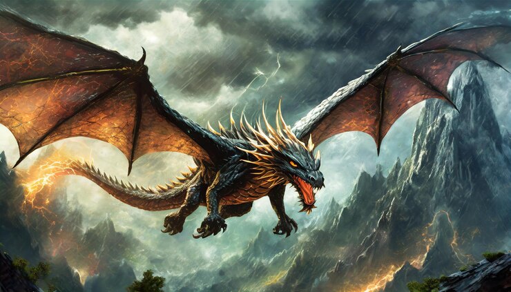 Ilustración de papel tapiz de un enorme dragón negro volando a través de un cielo tormentoso