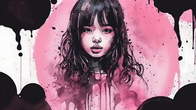 Ilustración de papel tapiz de fondo de diseño de tinta acuarela con burbujas redondas de tema de niña rosa negra