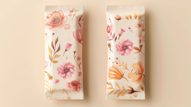 Foto una ilustración en el paquete de dos toallas sanitarias muestra ilustraciones florales en un fondo amarillo claro en una perspectiva realista