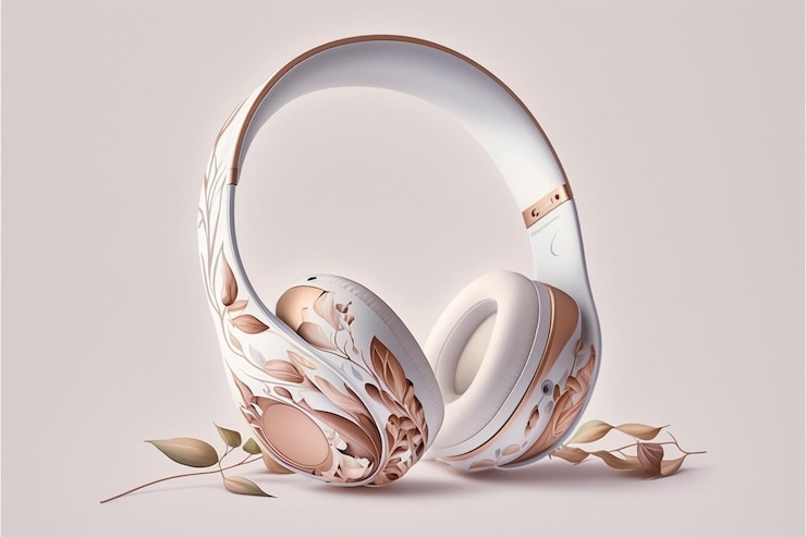Una ilustración de un par de auriculares con hojas en la parte inferior.