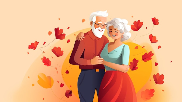 una ilustración de una pareja de ancianos abrazándose y sonriendo.