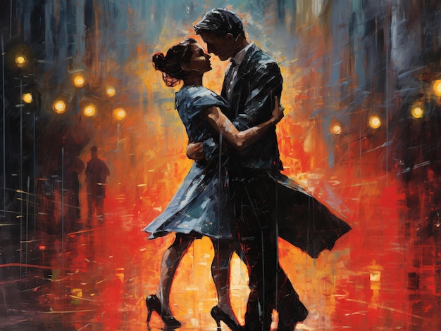 Ilustración de una pareja bailando bajo la lluvia