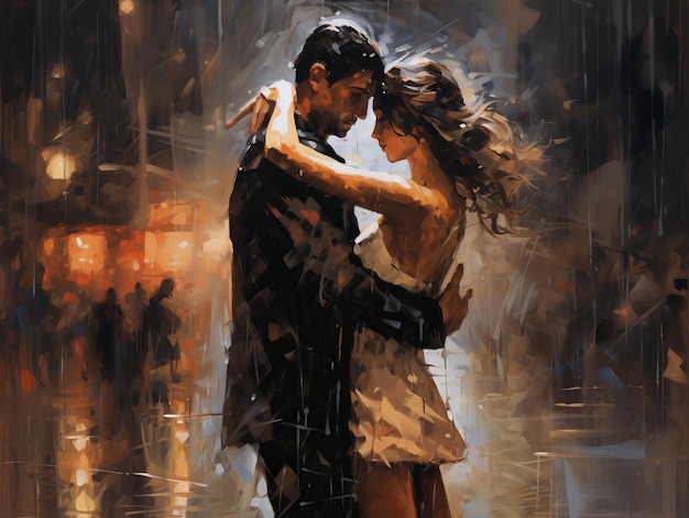 Ilustración de una pareja bailando bajo la lluvia