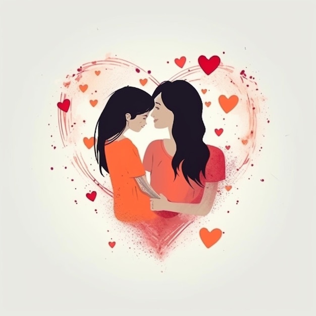Ilustración de una pareja besándose frente a un corazón con corazones generativos ai