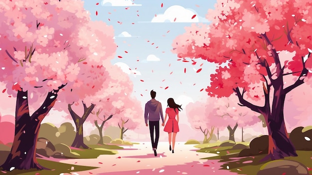 Una ilustración de una pareja caminando por un parque bajo árboles rosados Generado por IA