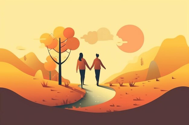 Ilustración de una pareja caminando en el parque Felicidad amistad amor concepto