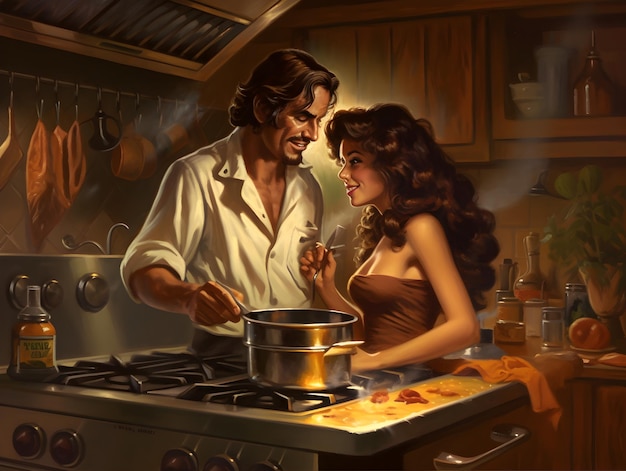 Una ilustración de una pareja cocinando en la cocina