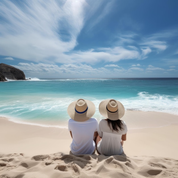 Ilustración de una pareja disfrutando del atardecer en una playa de arena IA generativa