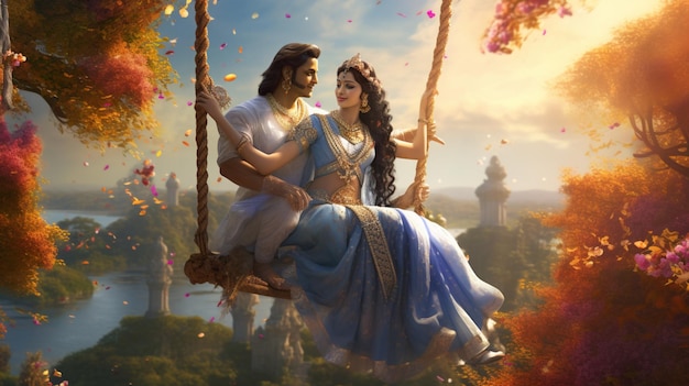 Ilustración pareja divina romántica Radha Krishna imágenes de swing arte generado por IA