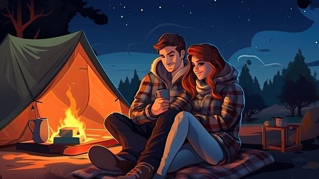 Ilustración de una pareja feliz acampando